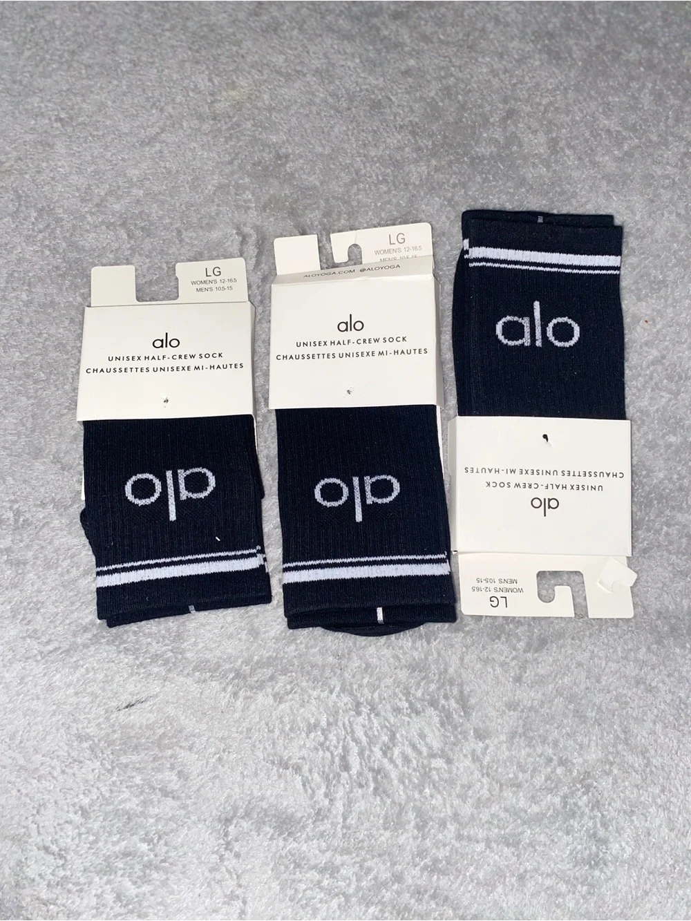 ALO Yoga Black Half-Crew Athletic Socks with White Logo & Stripes